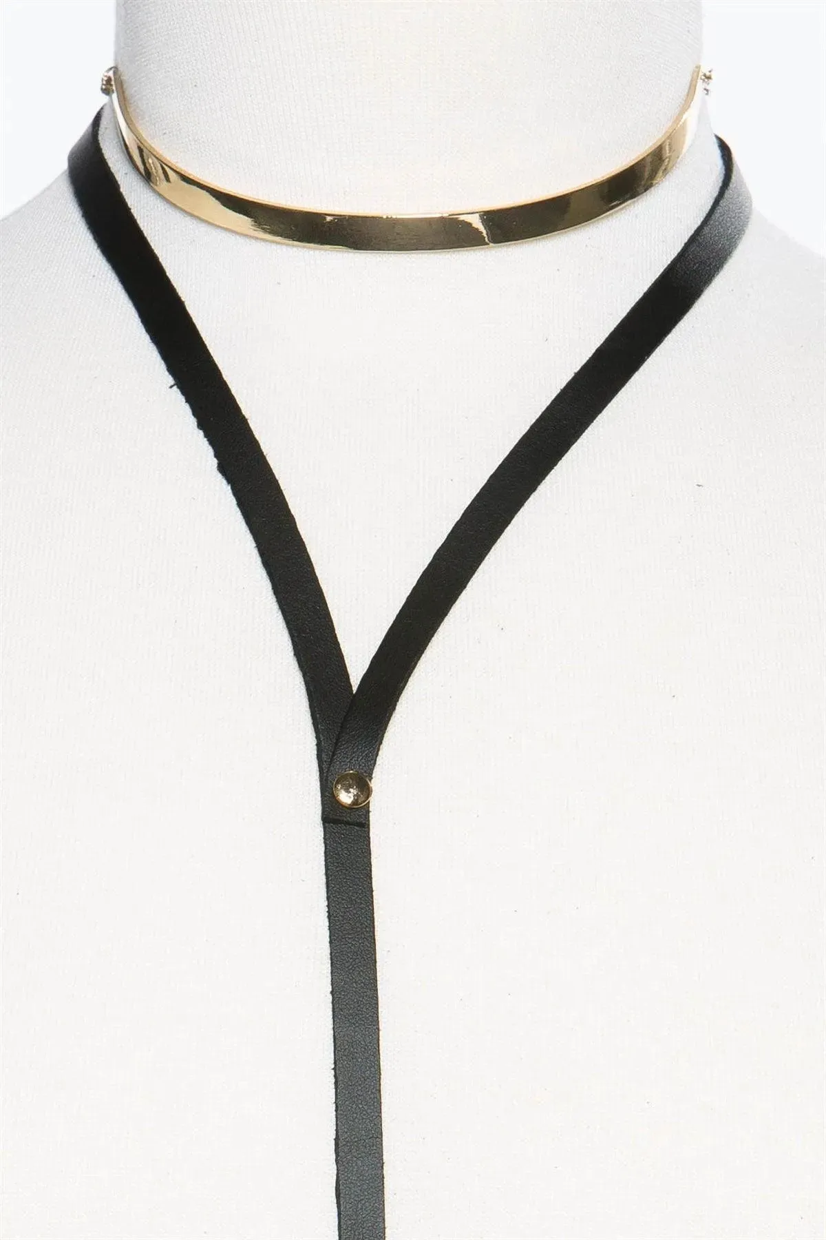 Boho Faux Leather Long Strap Black Gold Metal Choker