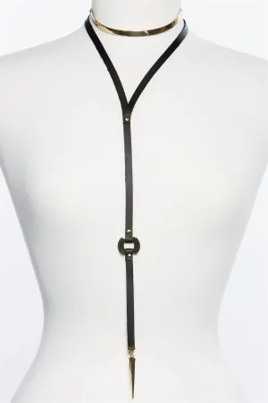 Boho Faux Leather Long Strap Black Gold Metal Choker