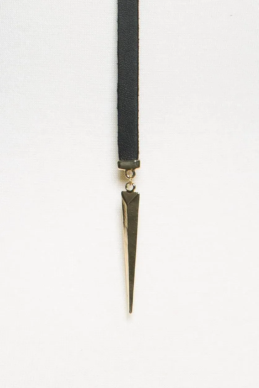 Boho Faux Leather Long Strap Black Gold Metal Choker