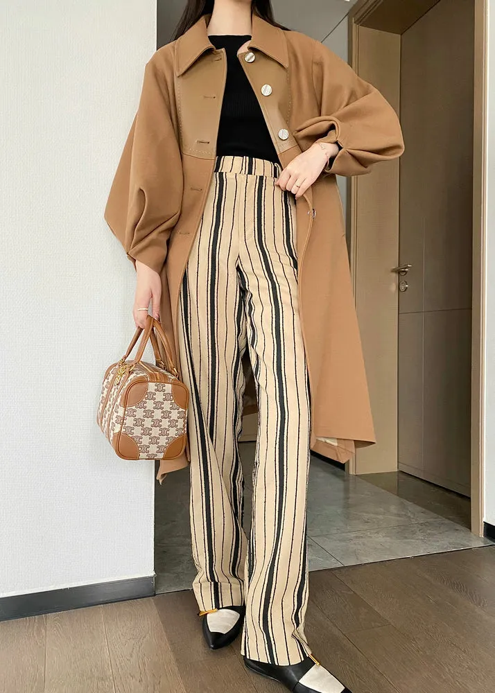 Chic Khaki Button Tie Waist Patchwork Woolen Trench Coats Lantern Sleeve ML2440