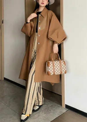 Chic Khaki Button Tie Waist Patchwork Woolen Trench Coats Lantern Sleeve ML2440
