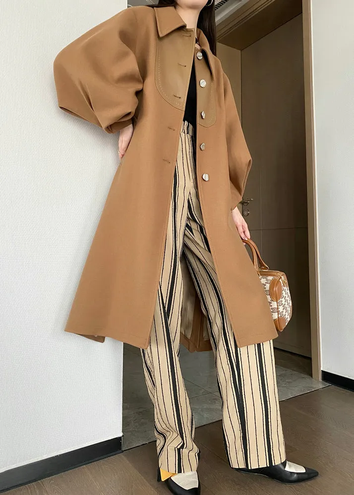 Chic Khaki Button Tie Waist Patchwork Woolen Trench Coats Lantern Sleeve ML2440