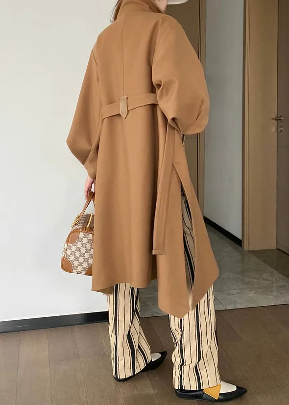 Chic Khaki Button Tie Waist Patchwork Woolen Trench Coats Lantern Sleeve ML2440