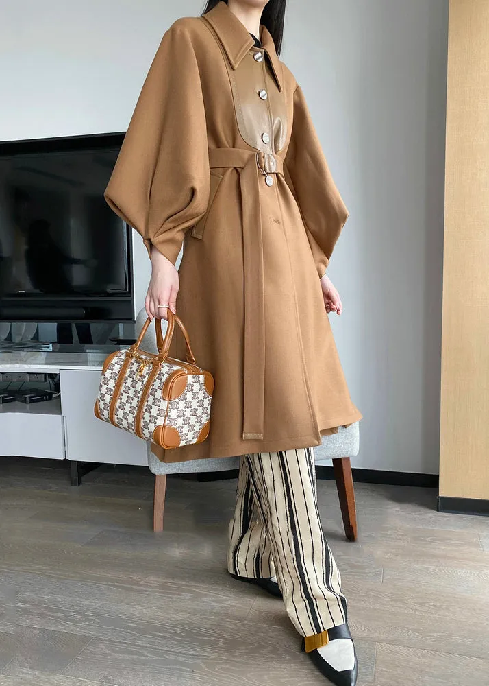 Chic Khaki Button Tie Waist Patchwork Woolen Trench Coats Lantern Sleeve ML2440