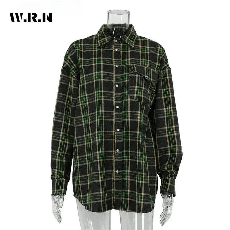 Clacive Fashion Baggy Plaid Women'S Blouse Elegant Lapel Long Sleeve Shirts And Blouses Vintage Pocket Lace-Up Top Female