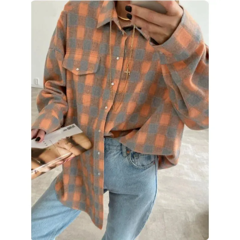 Clacive Fashion Baggy Plaid Women'S Blouse Elegant Lapel Long Sleeve Shirts And Blouses Vintage Pocket Lace-Up Top Female