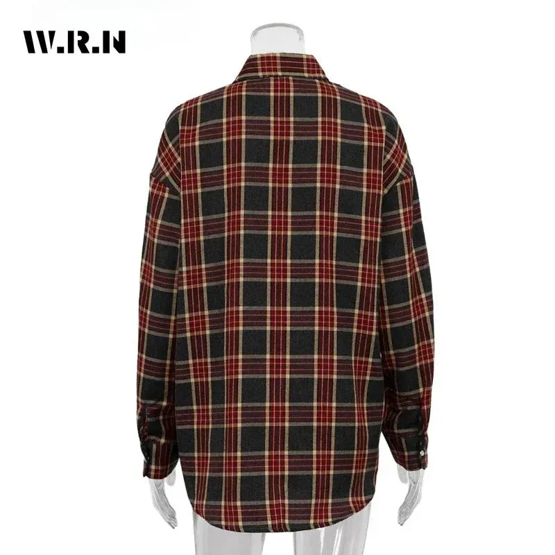 Clacive Fashion Baggy Plaid Women'S Blouse Elegant Lapel Long Sleeve Shirts And Blouses Vintage Pocket Lace-Up Top Female