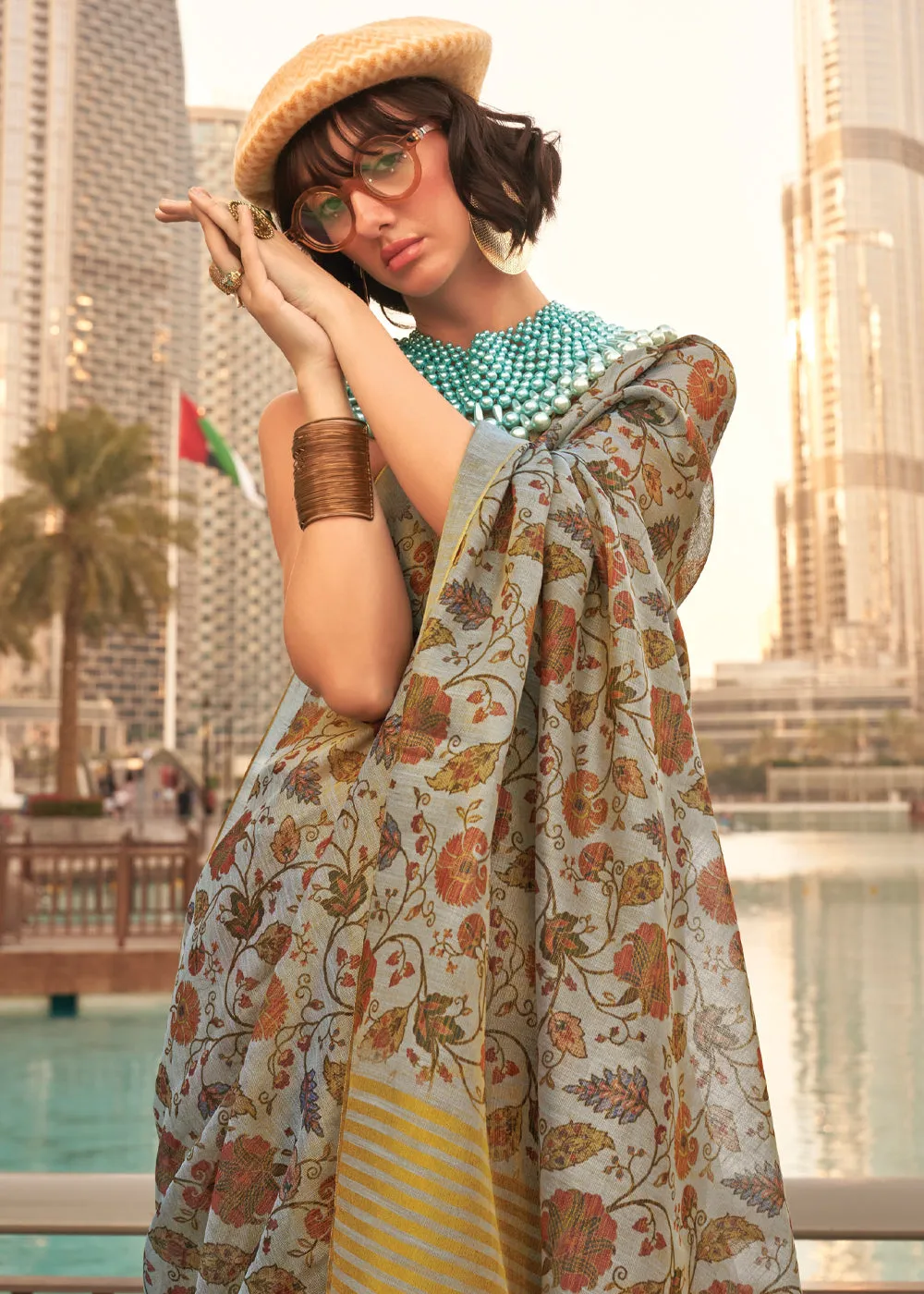 Cloud Blue Printed Tissue Banarasi Silk Saree