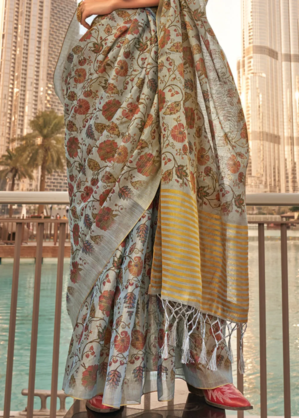 Cloud Blue Printed Tissue Banarasi Silk Saree