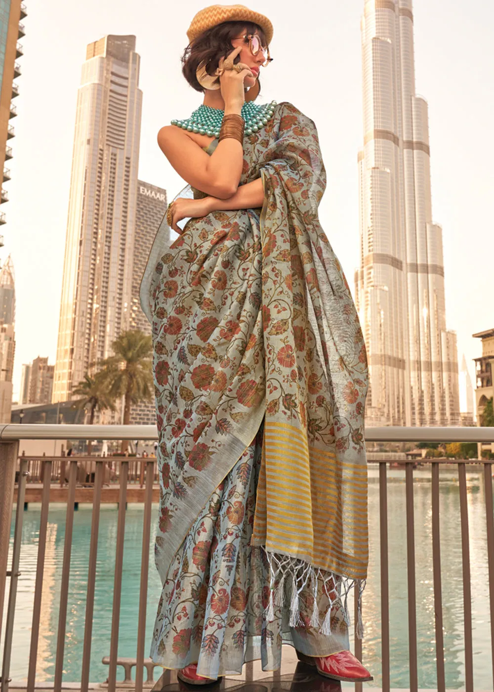 Cloud Blue Printed Tissue Banarasi Silk Saree