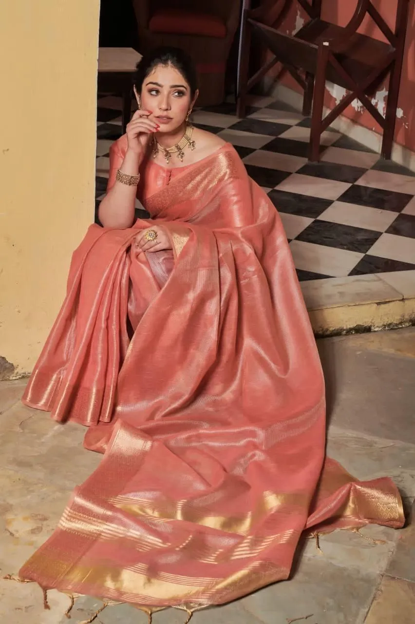 Coral Peach Maheshwari silk  Saree