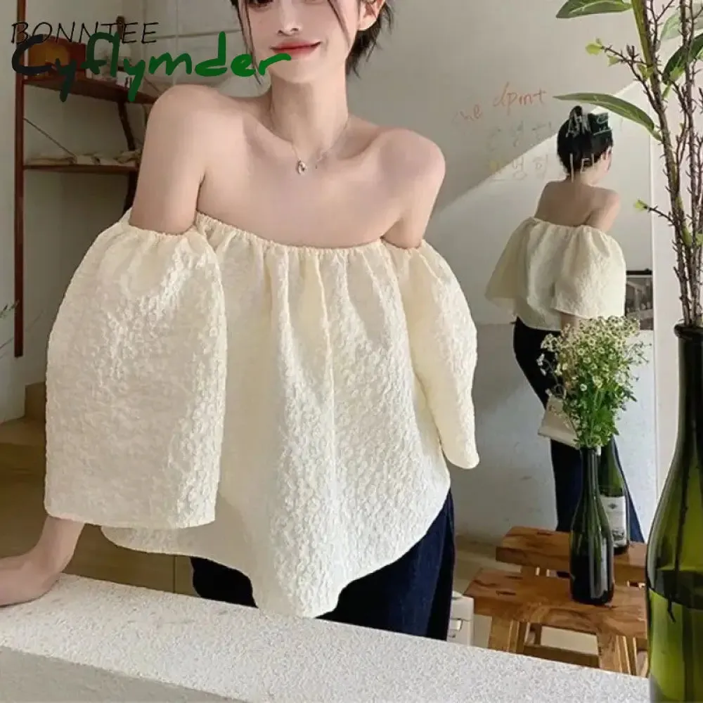 Cyflymder Slash Neck Blouses Women Loose Sexy Elegant Lady Summer Aesthetic French Style Fashion Crop Vintage Design Backless Gentle Sweet