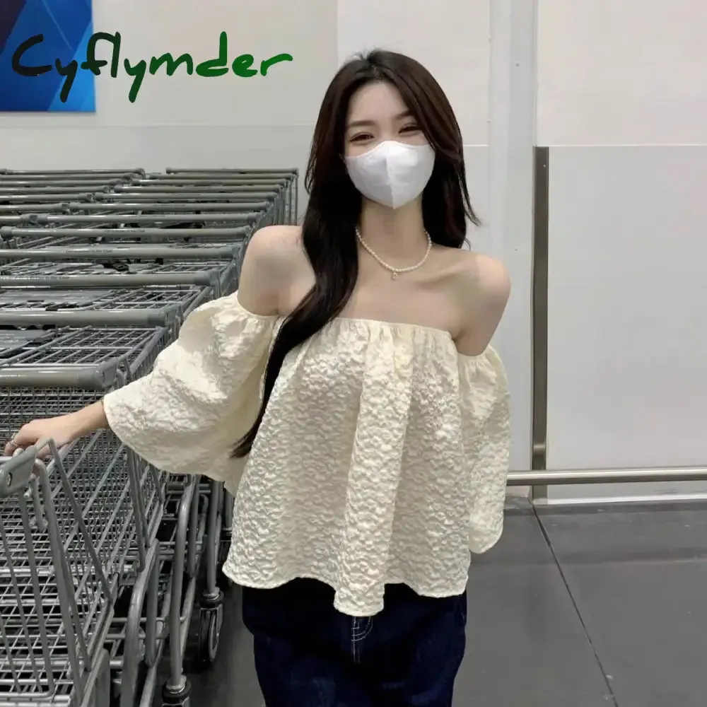 Cyflymder Slash Neck Blouses Women Loose Sexy Elegant Lady Summer Aesthetic French Style Fashion Crop Vintage Design Backless Gentle Sweet