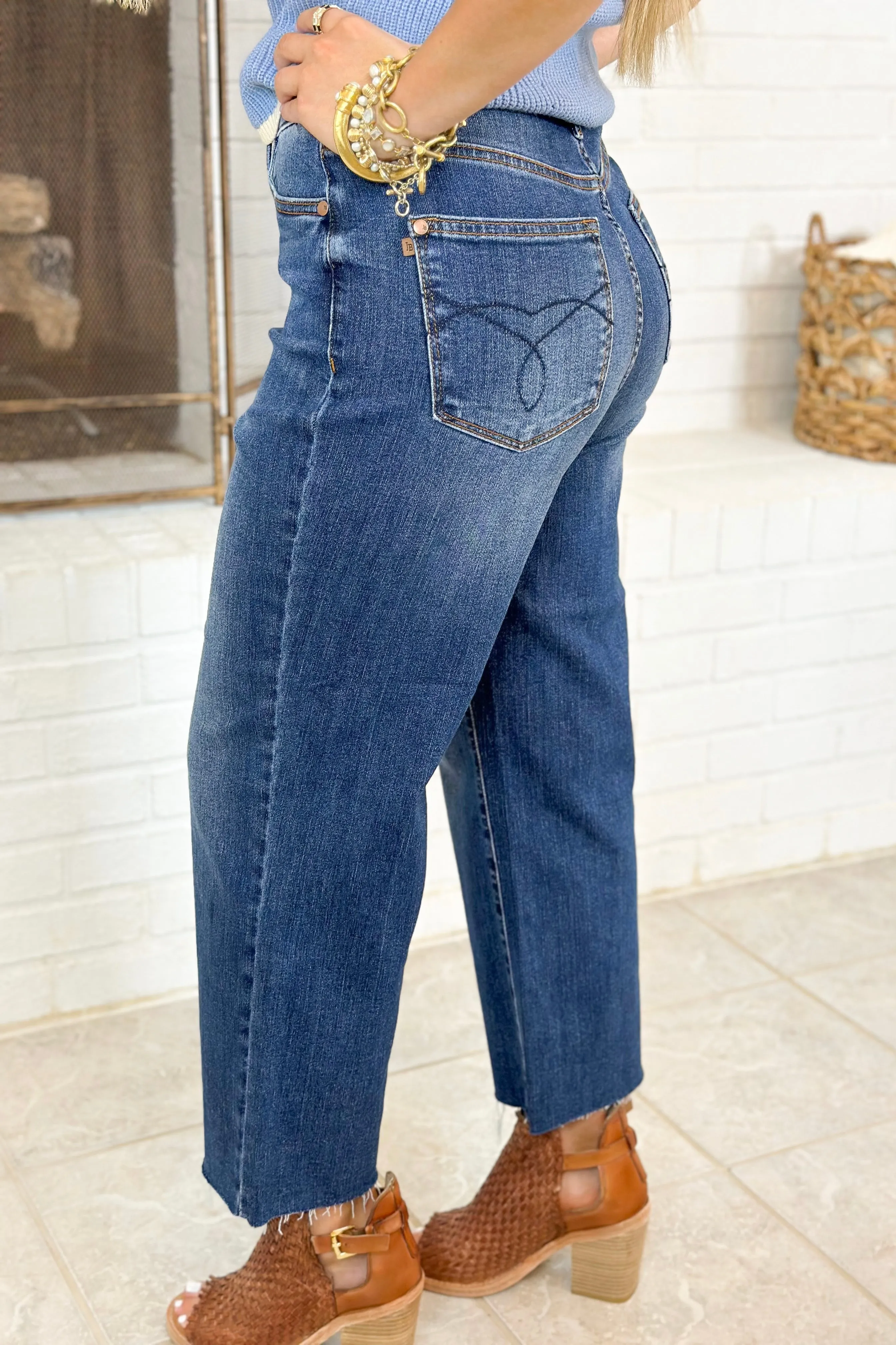 Dark High Waisted Crop Wide Denim
