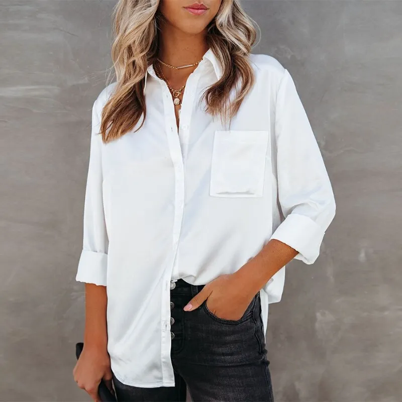 deanwangkt Fashion Satin Shirt for Women Casual Long Sleeve Shirt Office Tops White Summer Blouses Loose Female Clothing 24918