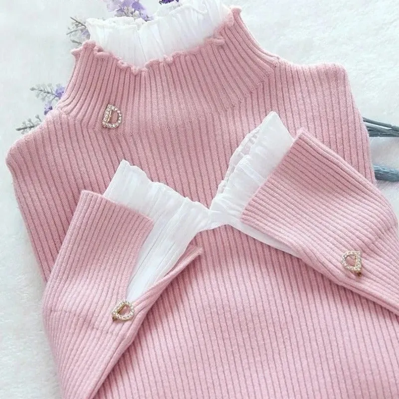 Elegant Korean Patchwork Warm Sweater for Women - Long Sleeve Slim Turtleneck Knitted Pink Tops, Chic Ruffle Pullover with Fake 2 Pieces