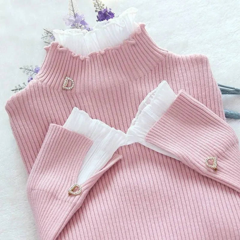 Elegant Korean Patchwork Warm Sweater for Women - Long Sleeve Slim Turtleneck Knitted Pink Tops, Chic Ruffle Pullover with Fake 2 Pieces
