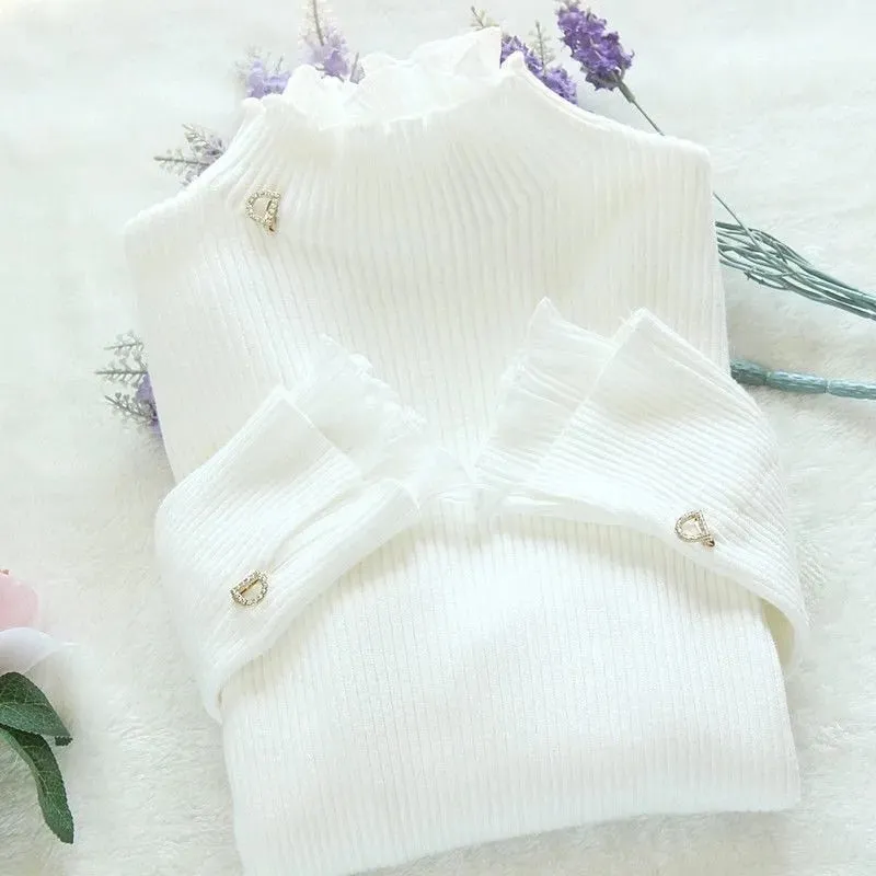 Elegant Korean Patchwork Warm Sweater for Women - Long Sleeve Slim Turtleneck Knitted Pink Tops, Chic Ruffle Pullover with Fake 2 Pieces