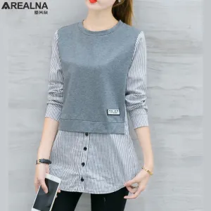 Elegant Long Sleeve Top Women&#39;s Tunic Oversized Shirt Beautiful Patchwork Striped Blouse Women Korean Fashion Blouses and Shirts
