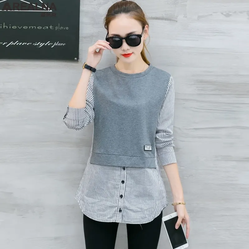 Elegant Long Sleeve Top Women&#39;s Tunic Oversized Shirt Beautiful Patchwork Striped Blouse Women Korean Fashion Blouses and Shirts