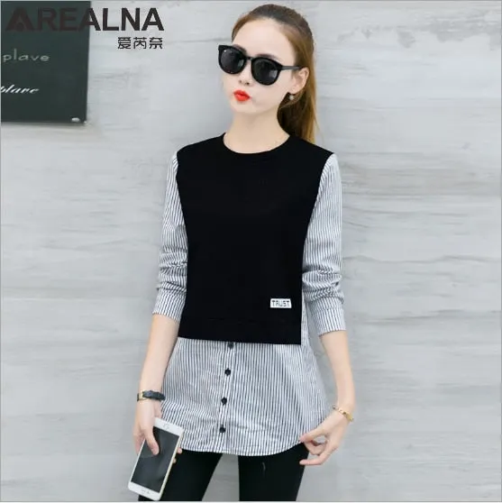 Elegant Long Sleeve Top Women&#39;s Tunic Oversized Shirt Beautiful Patchwork Striped Blouse Women Korean Fashion Blouses and Shirts