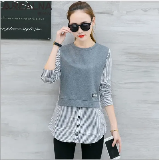 Elegant Long Sleeve Top Women&#39;s Tunic Oversized Shirt Beautiful Patchwork Striped Blouse Women Korean Fashion Blouses and Shirts