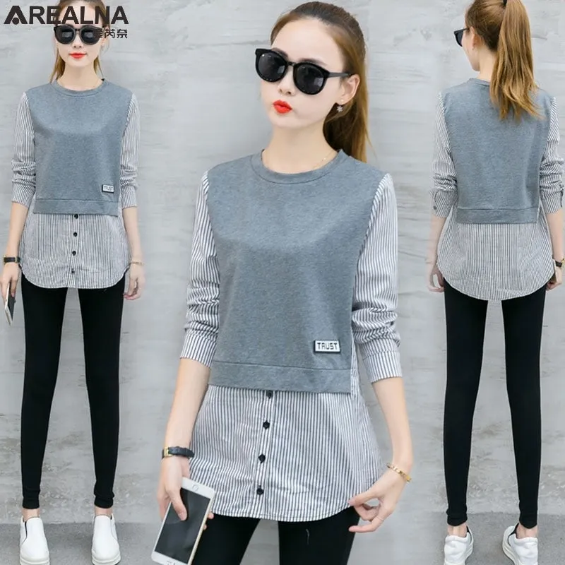 Elegant Long Sleeve Top Women&#39;s Tunic Oversized Shirt Beautiful Patchwork Striped Blouse Women Korean Fashion Blouses and Shirts