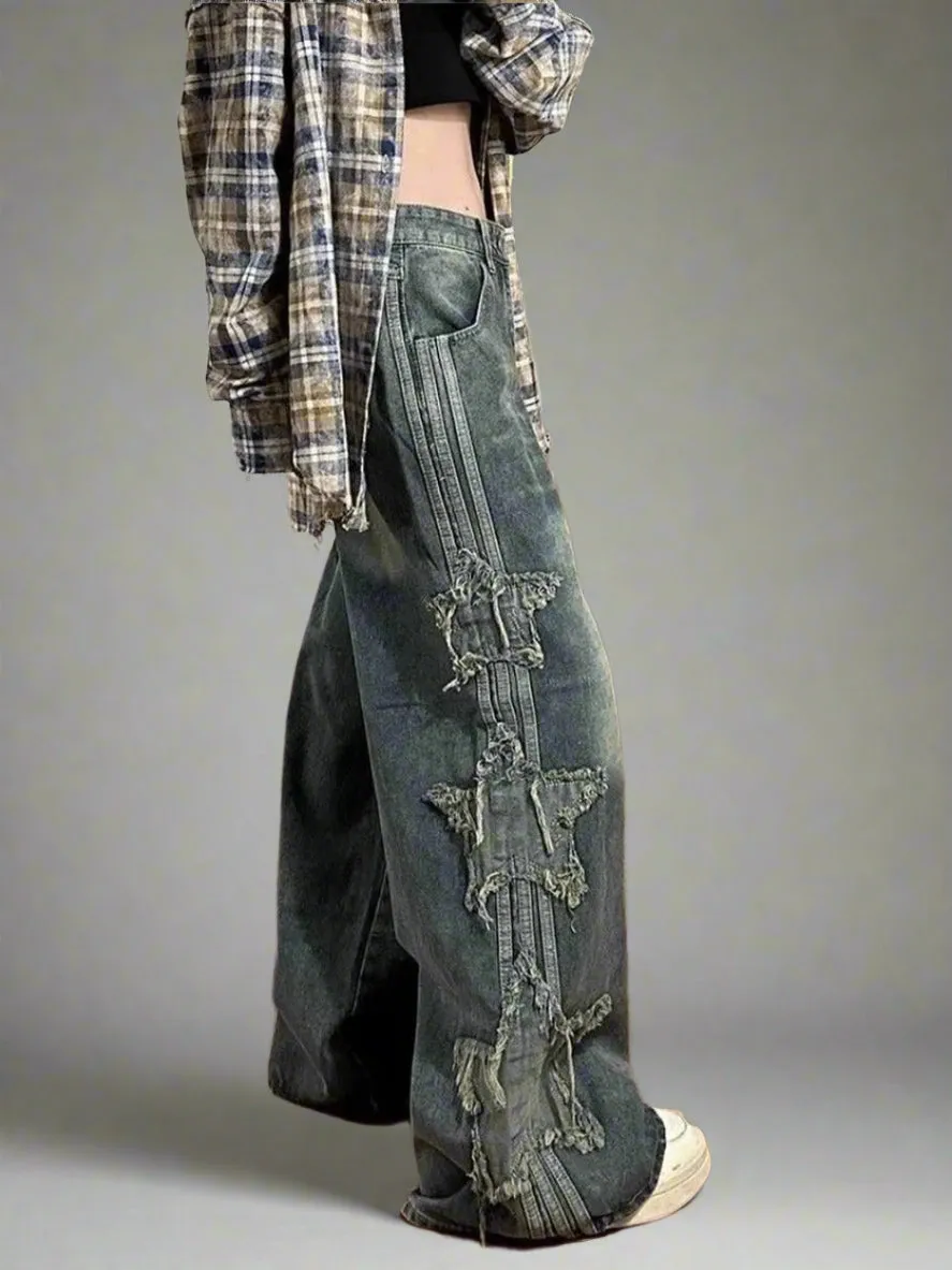 Fall Shredded Grunge Wide-Leg Jeans