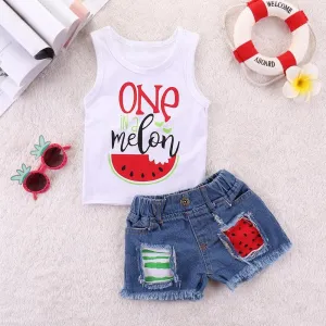 Girls One Watermelon Printed Sleeveless Top & Ripped Denim Shorts Kids Wholesale Clothing
