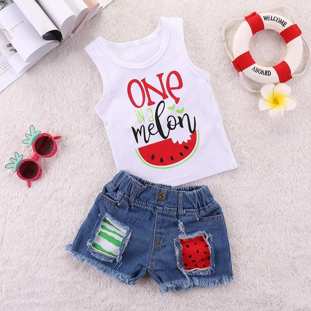 Girls One Watermelon Printed Sleeveless Top & Ripped Denim Shorts Kids Wholesale Clothing