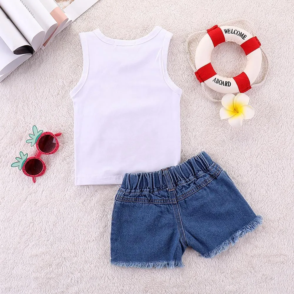 Girls One Watermelon Printed Sleeveless Top & Ripped Denim Shorts Kids Wholesale Clothing