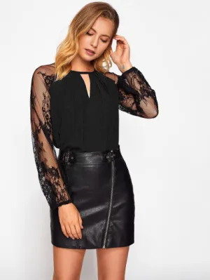 Lace Raglan Sleeve Keyhole Blouse