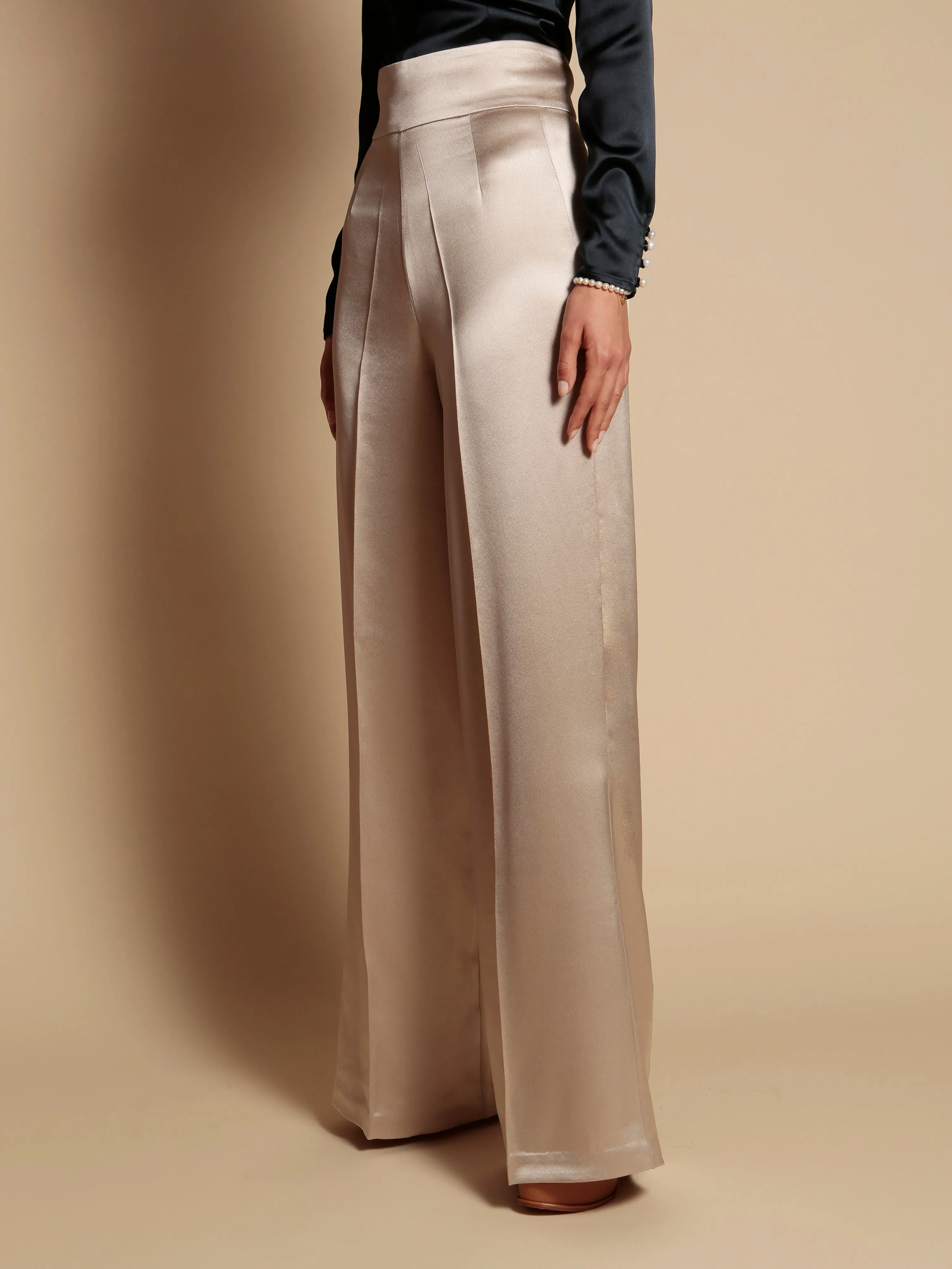 LIMITED EDITION 'Jolie' Heavy Silk Palazzo Trousers in Ostrica