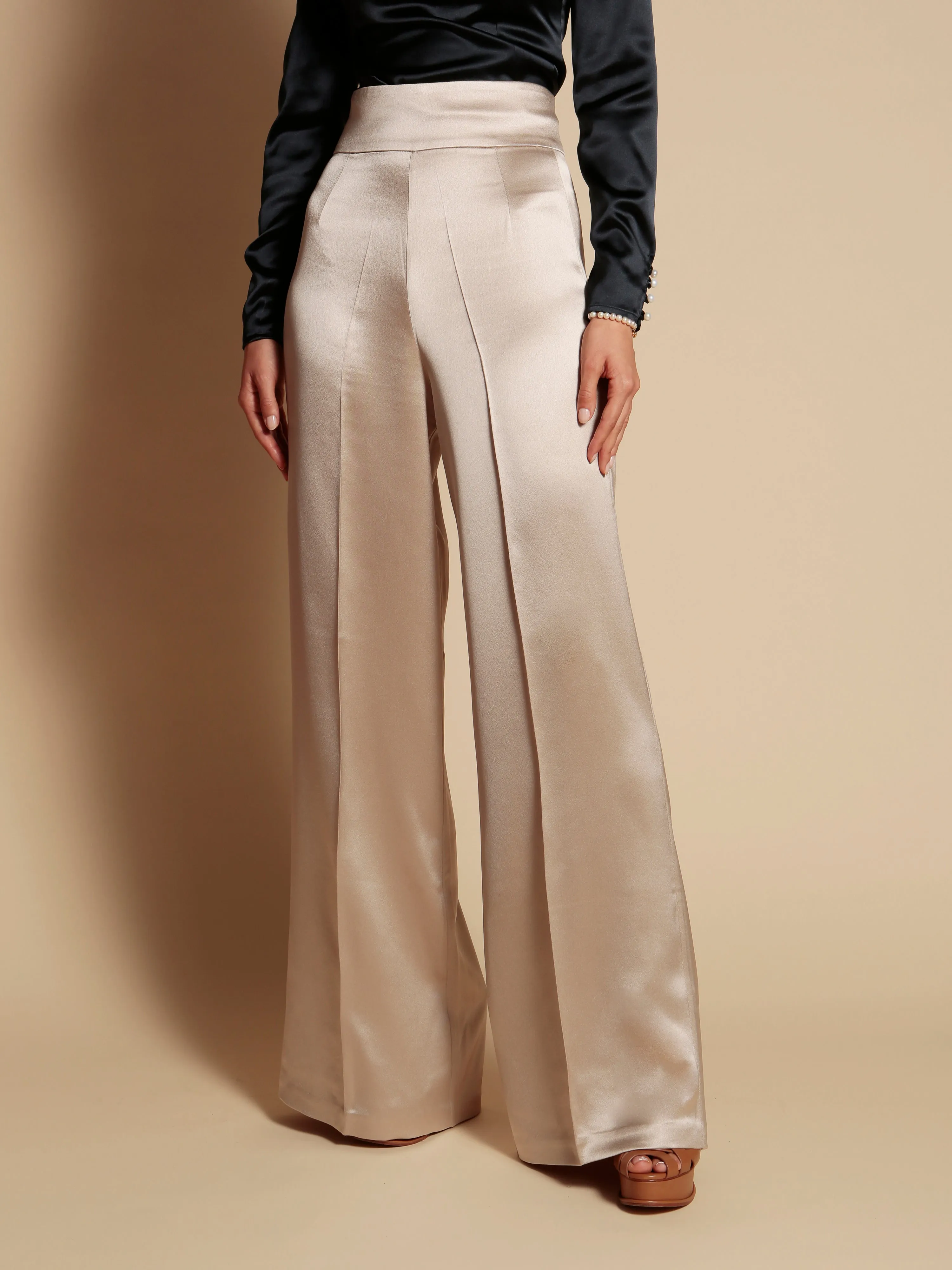 LIMITED EDITION 'Jolie' Heavy Silk Palazzo Trousers in Ostrica