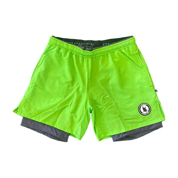 Mens 2-1 Solid Compression Neon Green with Charcoal Liner 7" Short