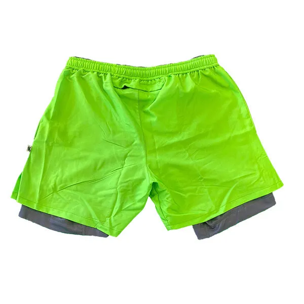 Mens 2-1 Solid Compression Neon Green with Charcoal Liner 7" Short