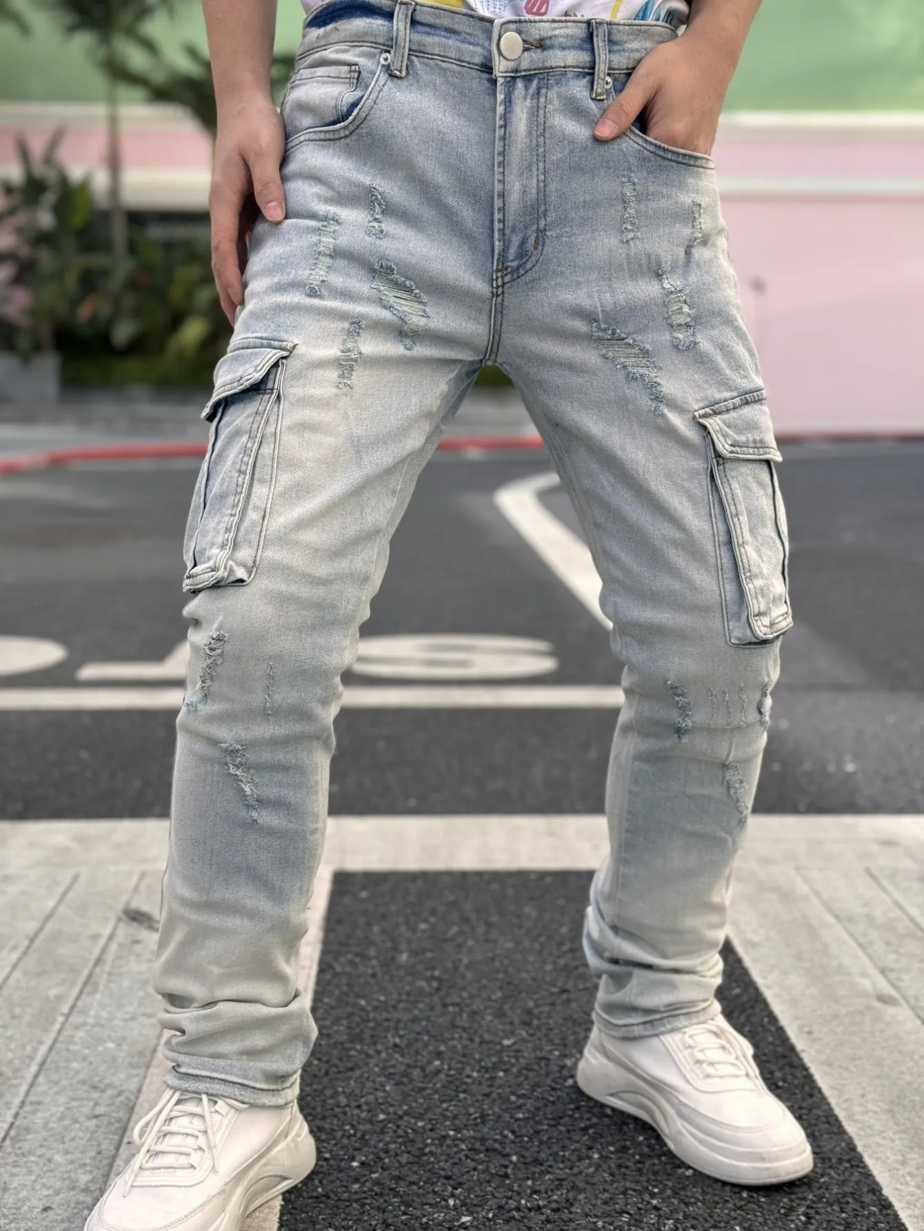 Men's Light Wash Straight Leg Street Style Stretch Jeans