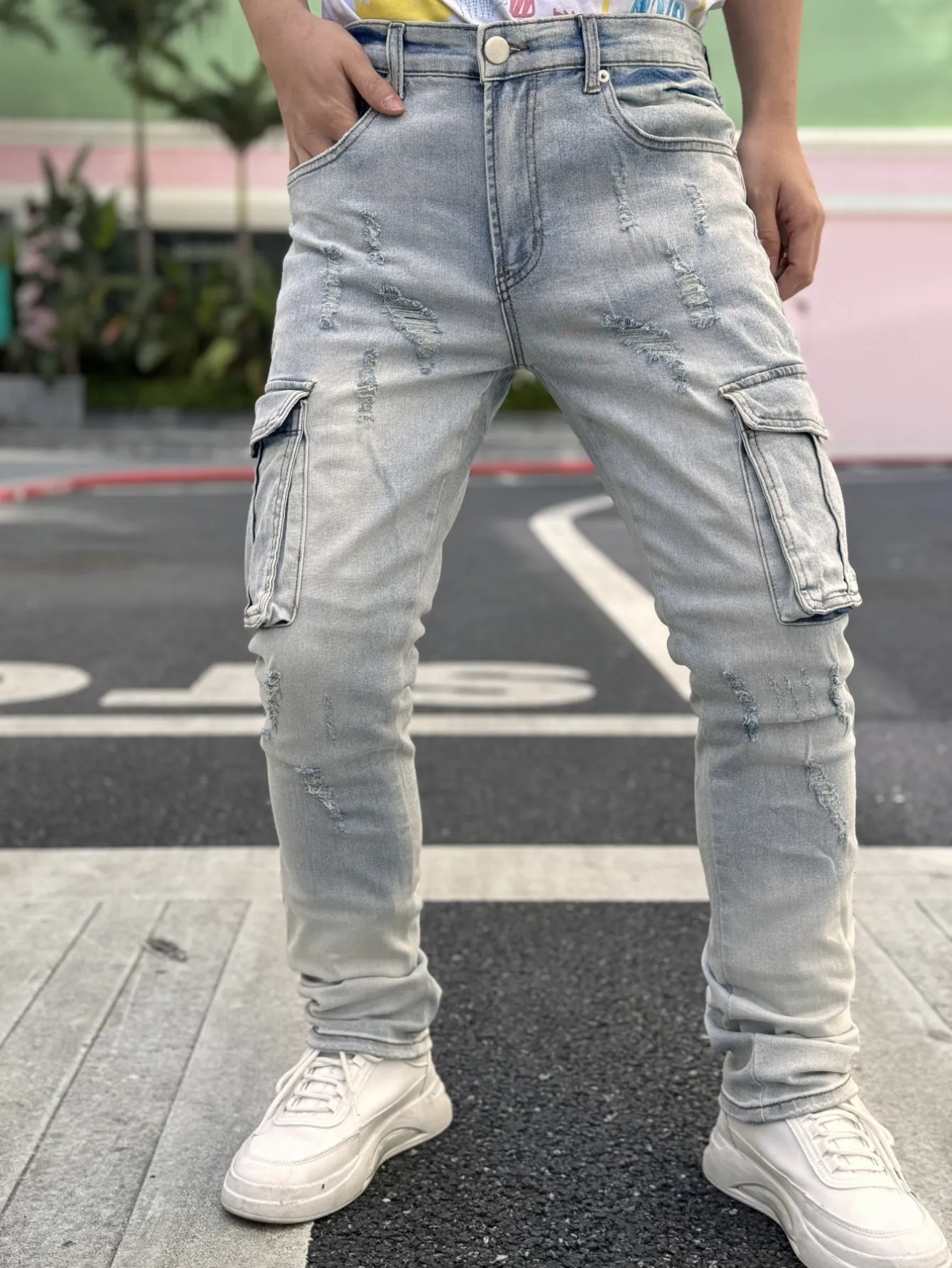 Men's Light Wash Straight Leg Street Style Stretch Jeans