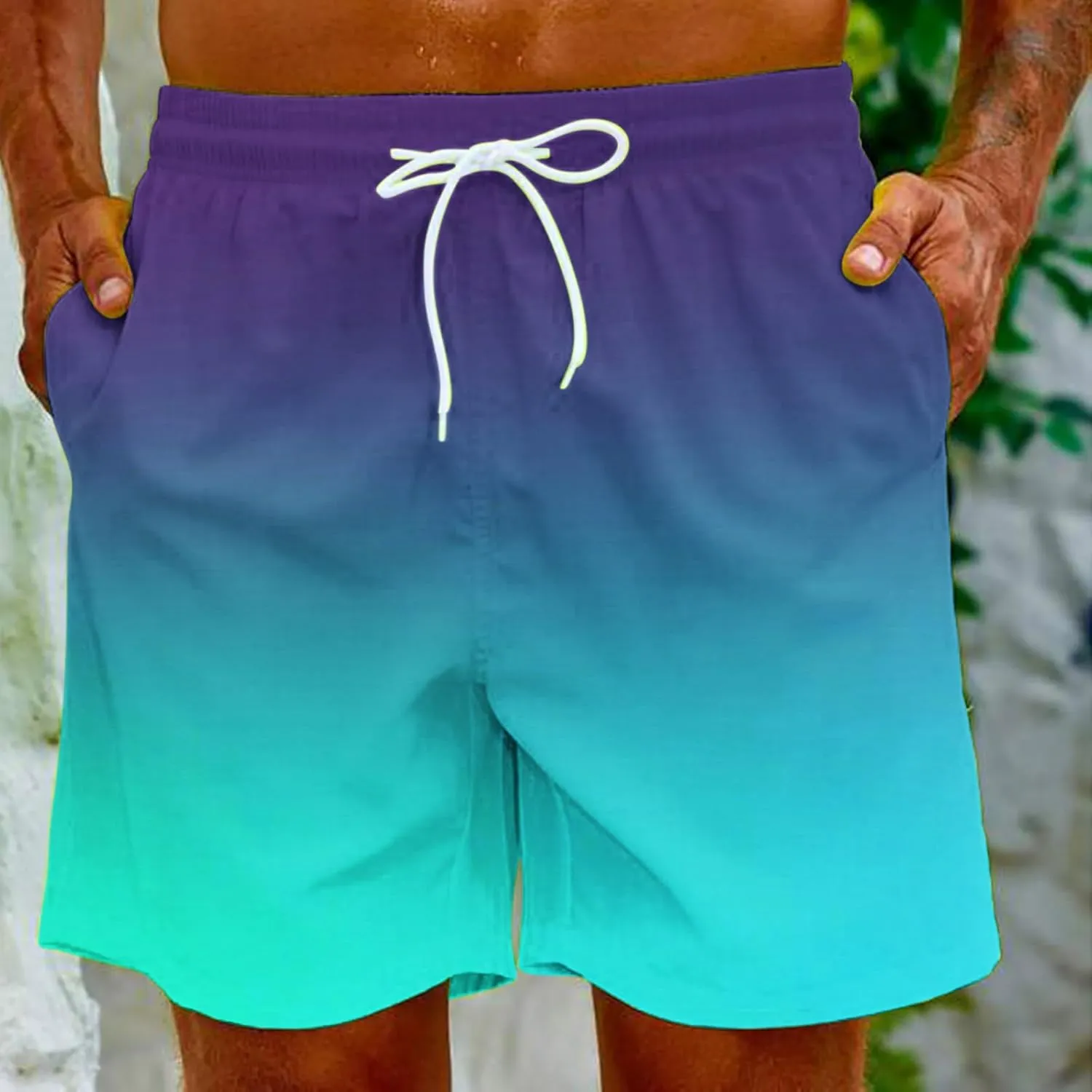 Mens Summer Beach Short Pants Gradient Drawstring Elastic Stretch Casual Shorts Multi-Pocket Fast Dry Baggy Jorts
