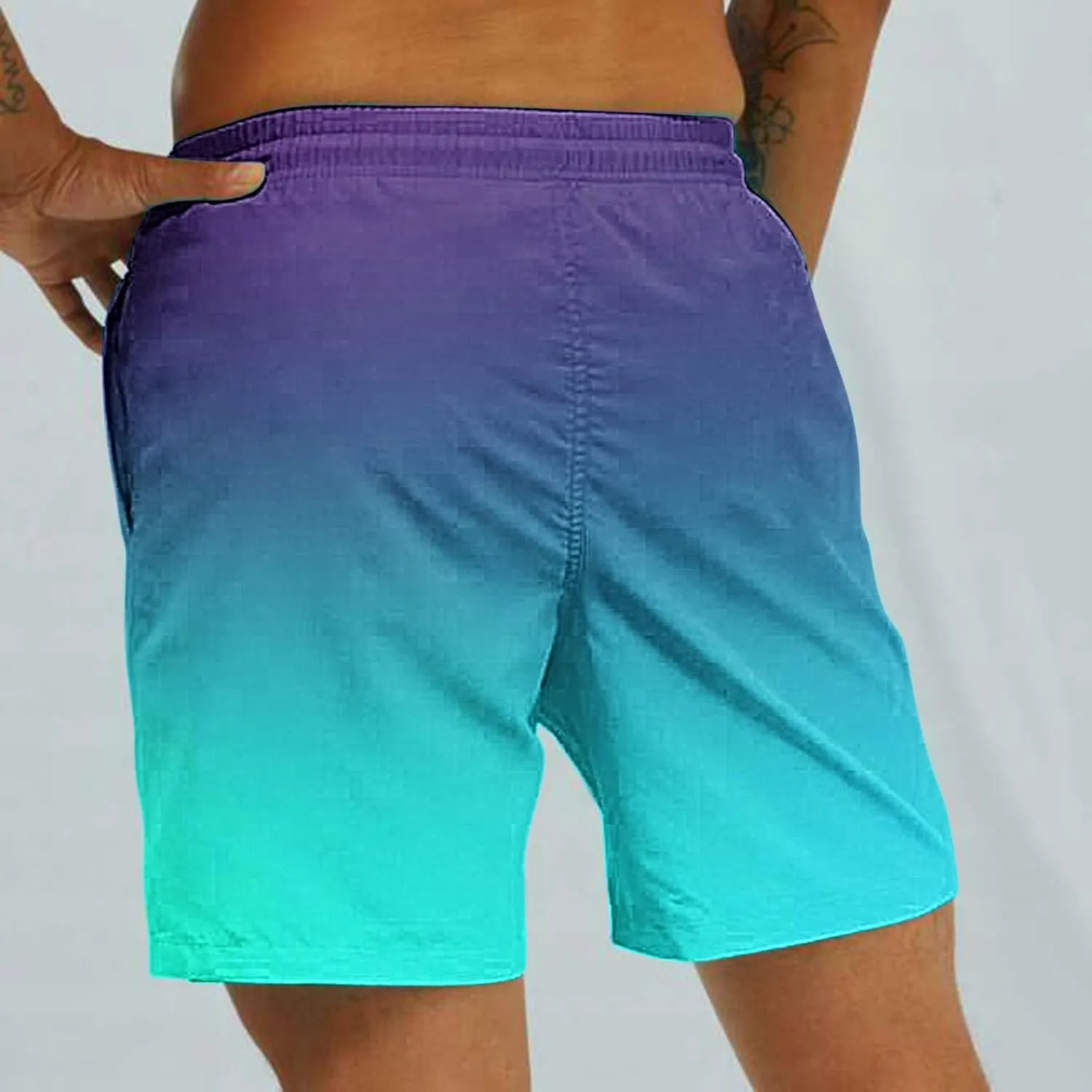 Mens Summer Beach Short Pants Gradient Drawstring Elastic Stretch Casual Shorts Multi-Pocket Fast Dry Baggy Jorts