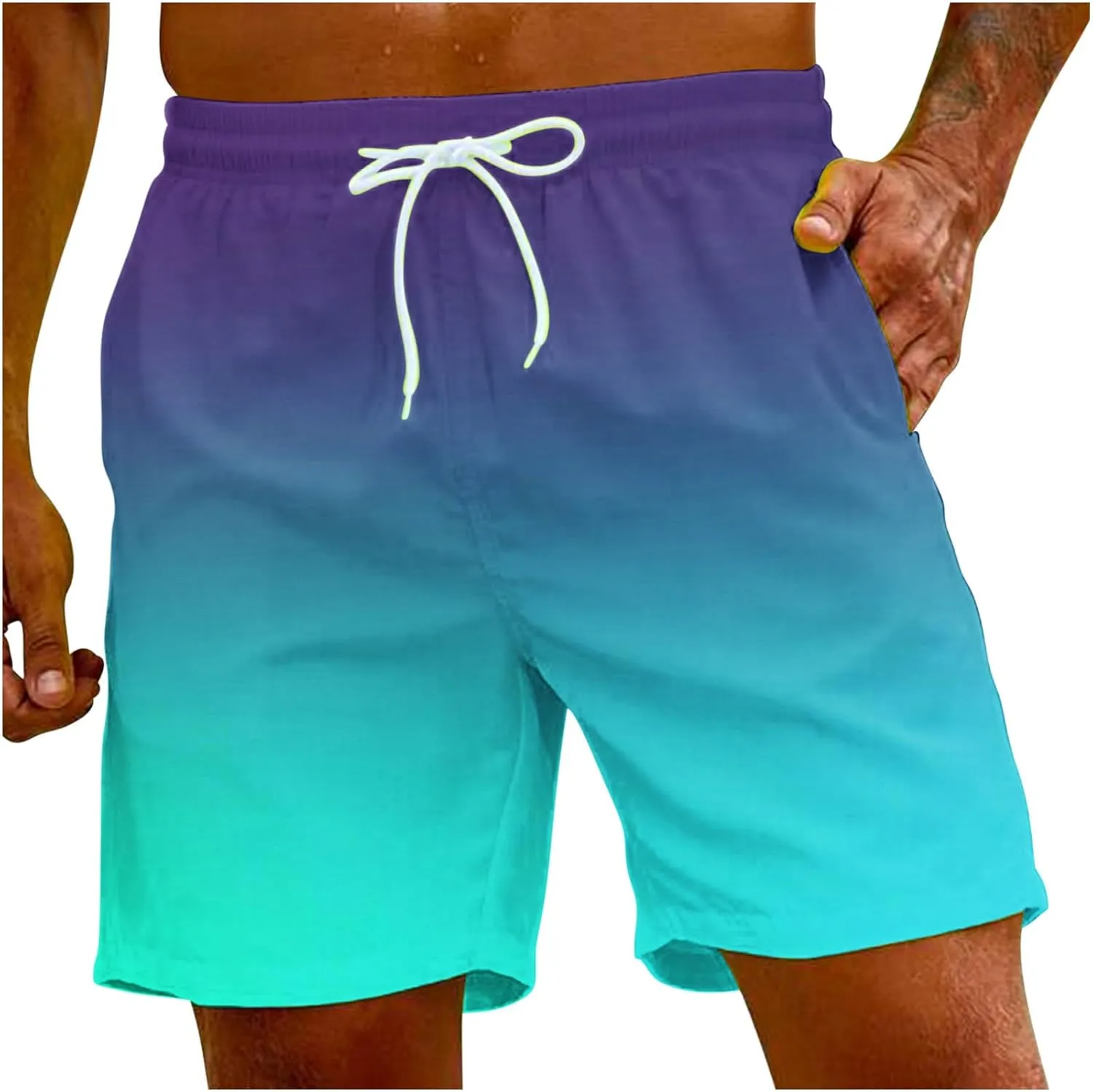Mens Summer Beach Short Pants Gradient Drawstring Elastic Stretch Casual Shorts Multi-Pocket Fast Dry Baggy Jorts