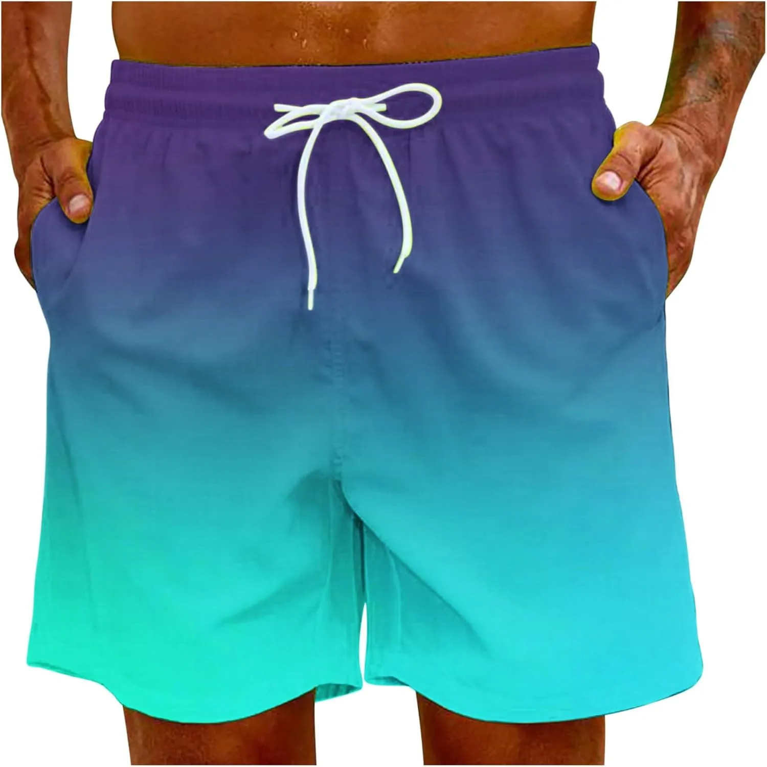 Mens Summer Beach Short Pants Gradient Drawstring Elastic Stretch Casual Shorts Multi-Pocket Fast Dry Baggy Jorts