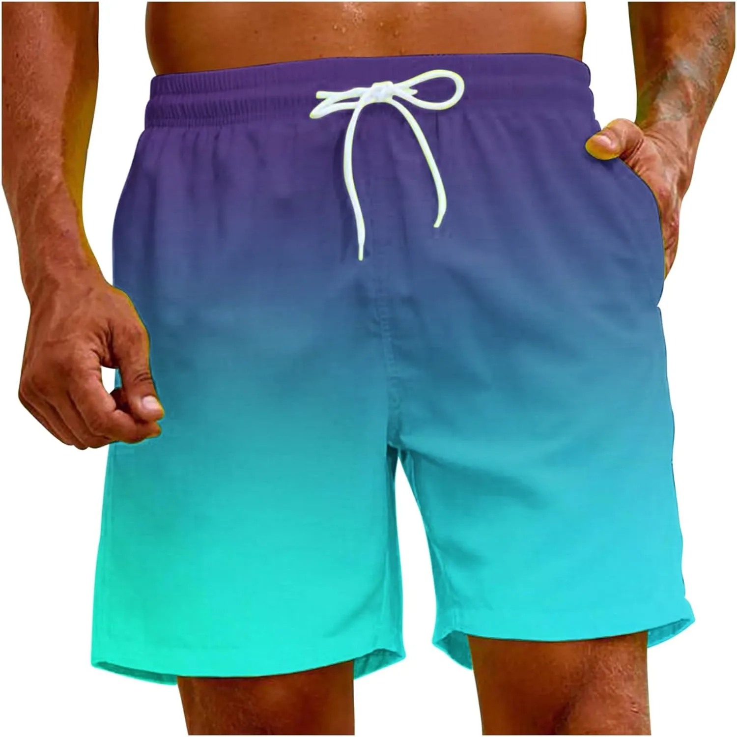 Mens Summer Beach Short Pants Gradient Drawstring Elastic Stretch Casual Shorts Multi-Pocket Fast Dry Baggy Jorts