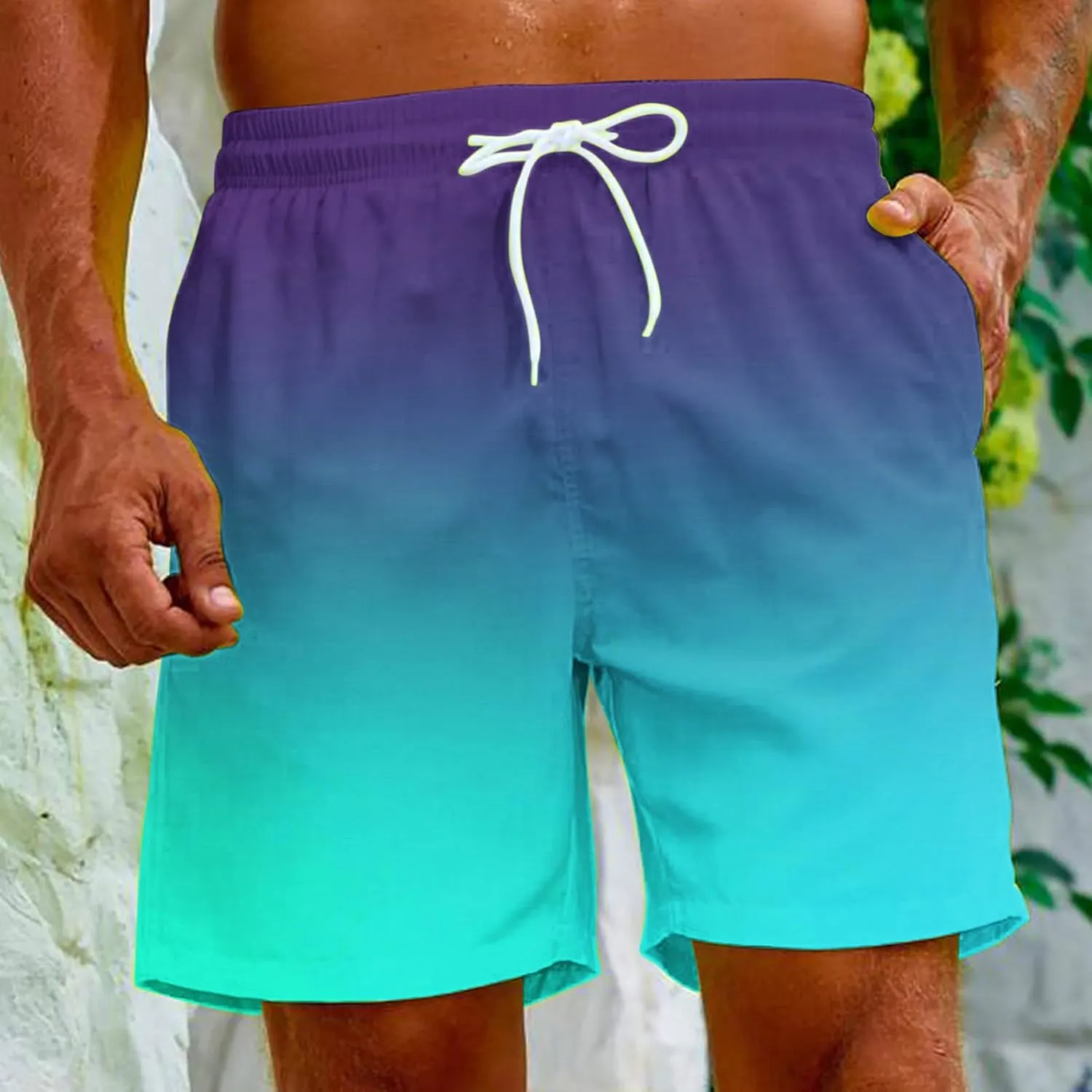 Mens Summer Beach Short Pants Gradient Drawstring Elastic Stretch Casual Shorts Multi-Pocket Fast Dry Baggy Jorts