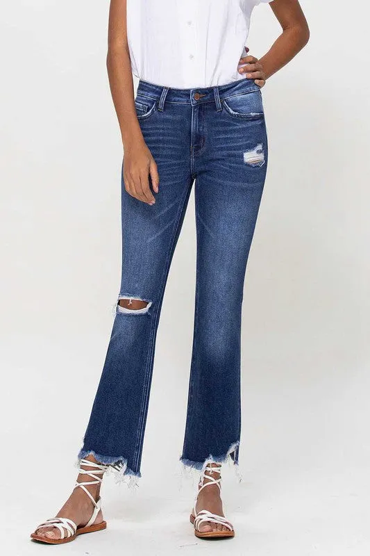 Mid rise ankle flare with destroyed hem
