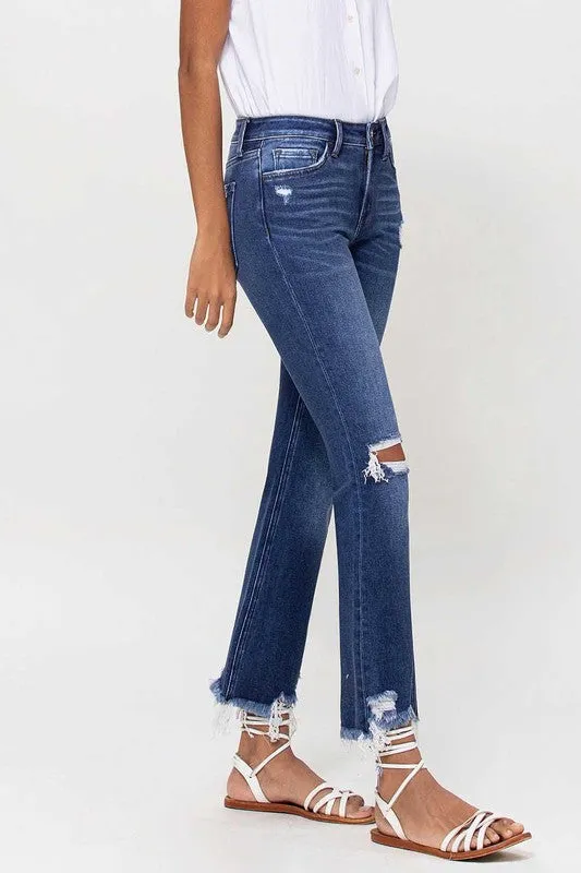 Mid rise ankle flare with destroyed hem