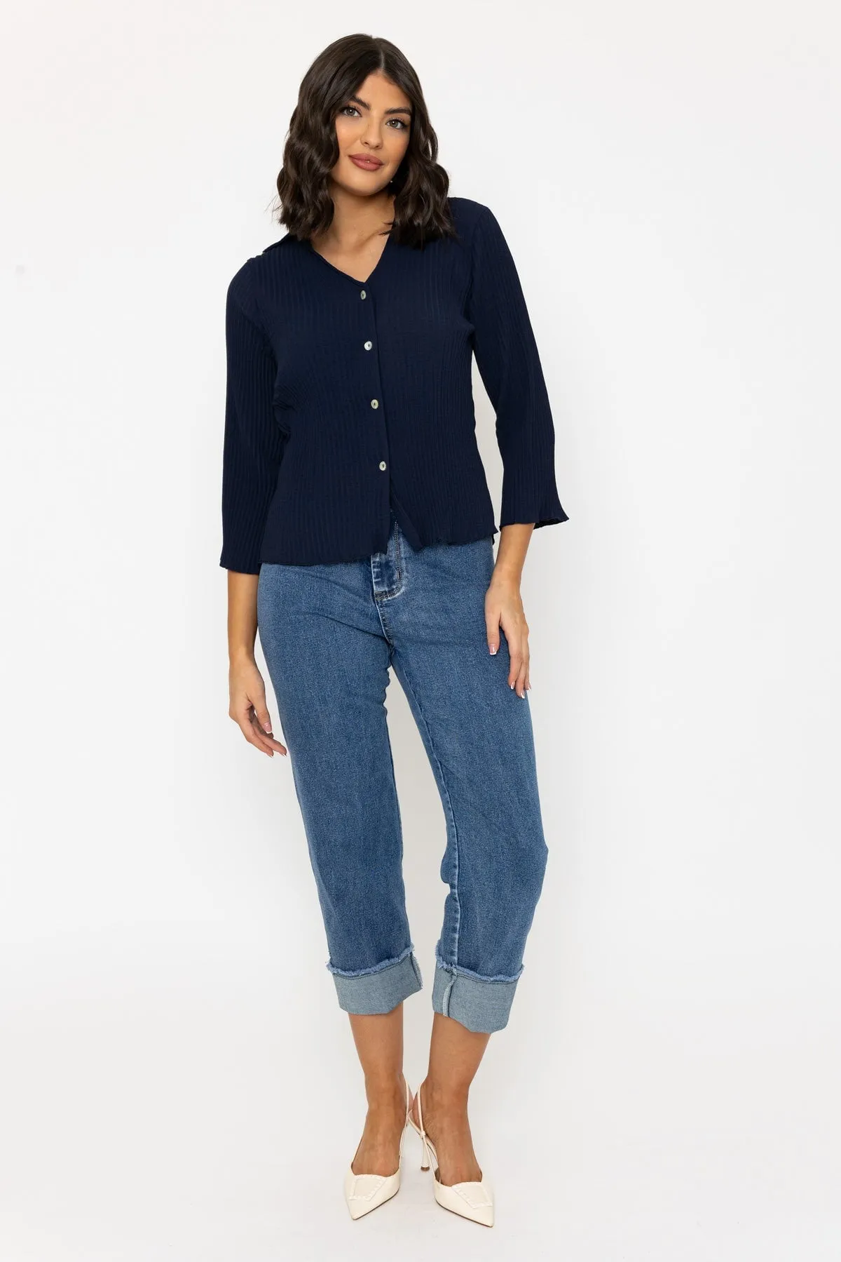 Navy Pleated 3/4 Length Sleeve Shirt