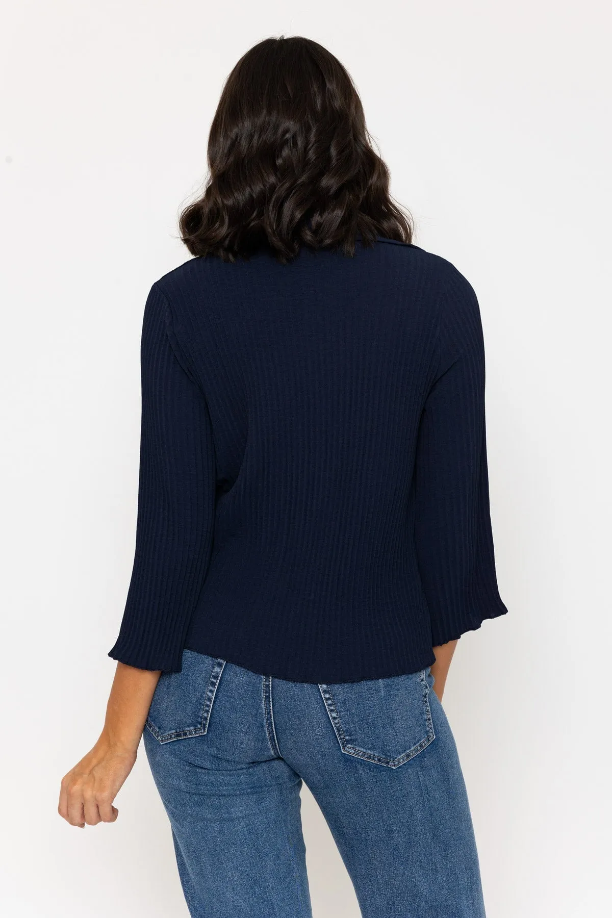 Navy Pleated 3/4 Length Sleeve Shirt