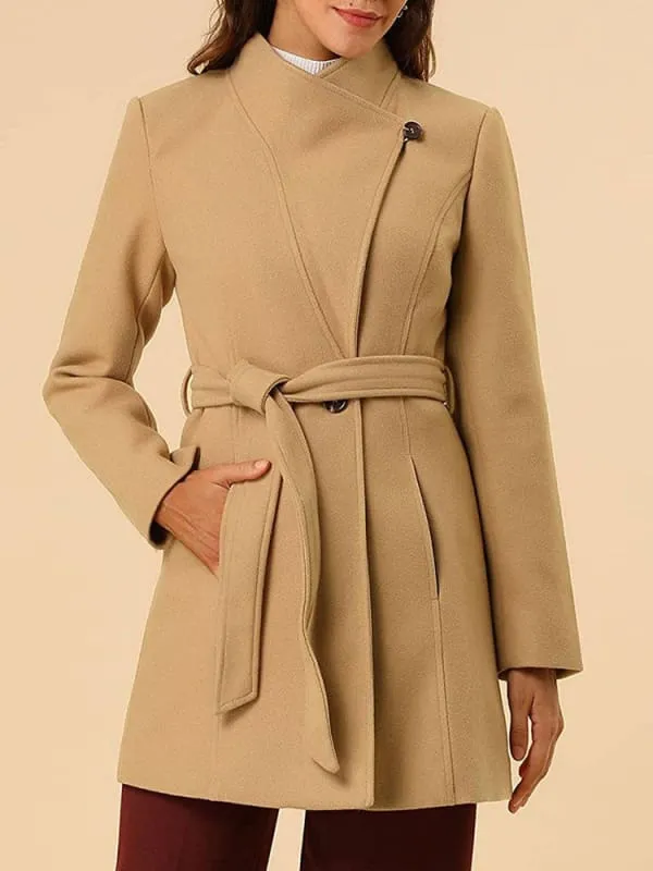 New Faux Fur Coats For Women Casual Windbreaker Stand Collar Long Sleeves Lace Up Ivory Winter Coat