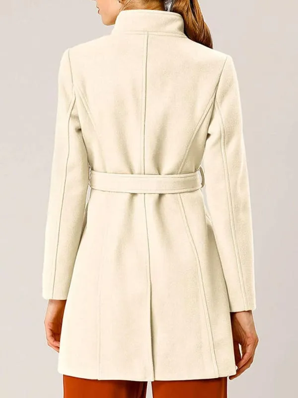 New Faux Fur Coats For Women Casual Windbreaker Stand Collar Long Sleeves Lace Up Ivory Winter Coat